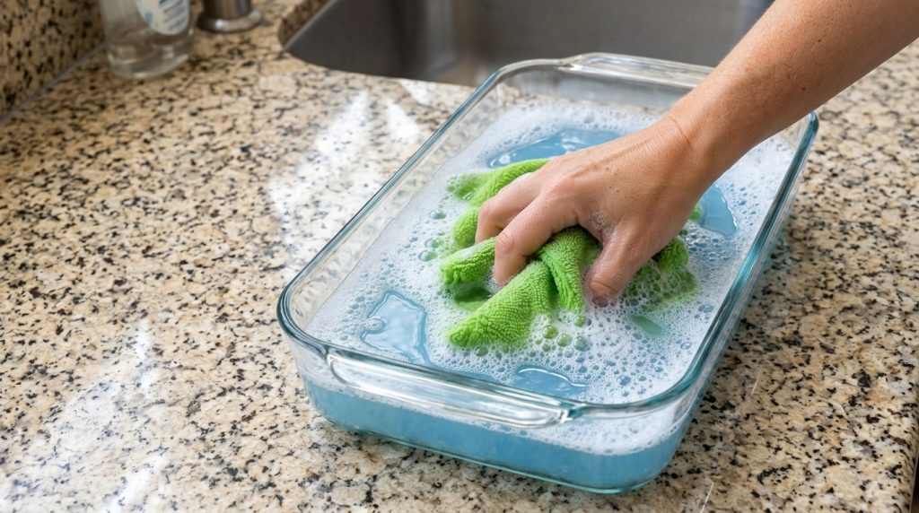 Mano limpiando un paño verde vibrante en un recipiente de vidrio rectangular con agua jabonosa azul claro creando espuma
