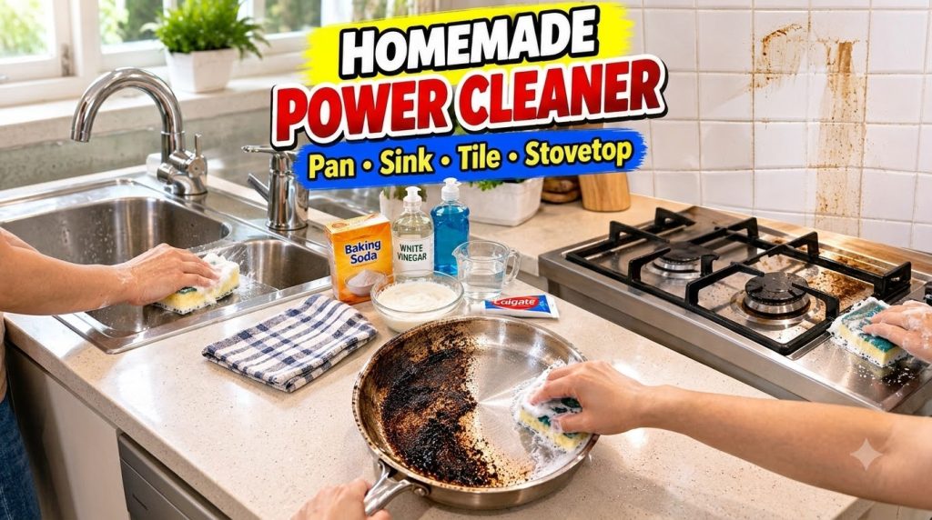 A composite image showing the ingredients for a DIY power cleaner laid out with separate frames depicting its use on a d