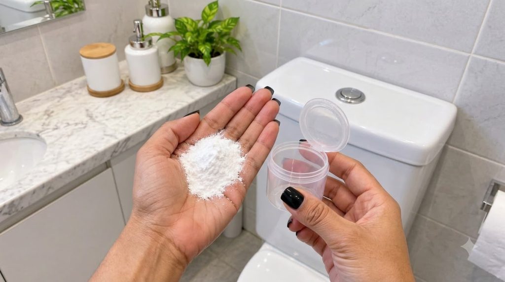 A person s hands holding a pile of white baking soda and a small clear plastic container with a bathroom background Emph