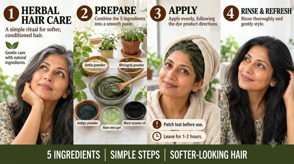 A four-panel infographic detailing a Herbal Hair Care ritual showing a woman with grey hair transitioning to dark revita