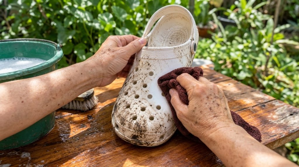 Close-up view of hands cleaning a dirty white clog-style shoe with a cloth