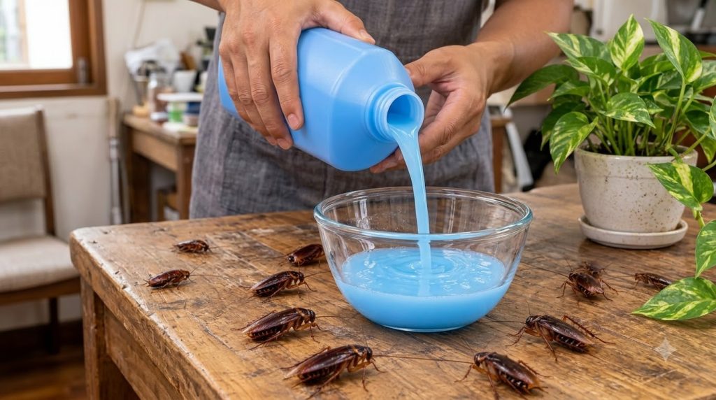 A person s hands pouring a light blue thick liquid from a blue bottle into a clear glass bowl surrounded by several real