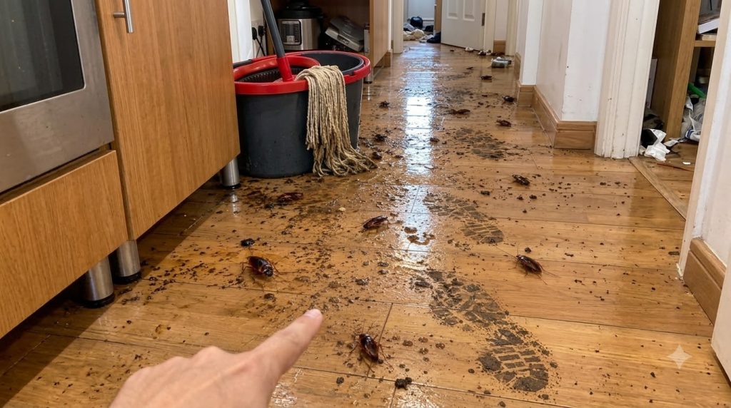 A severely dirty wooden floor covered in numerous dark muddy footprints and splatters of liquid indicating a significant
