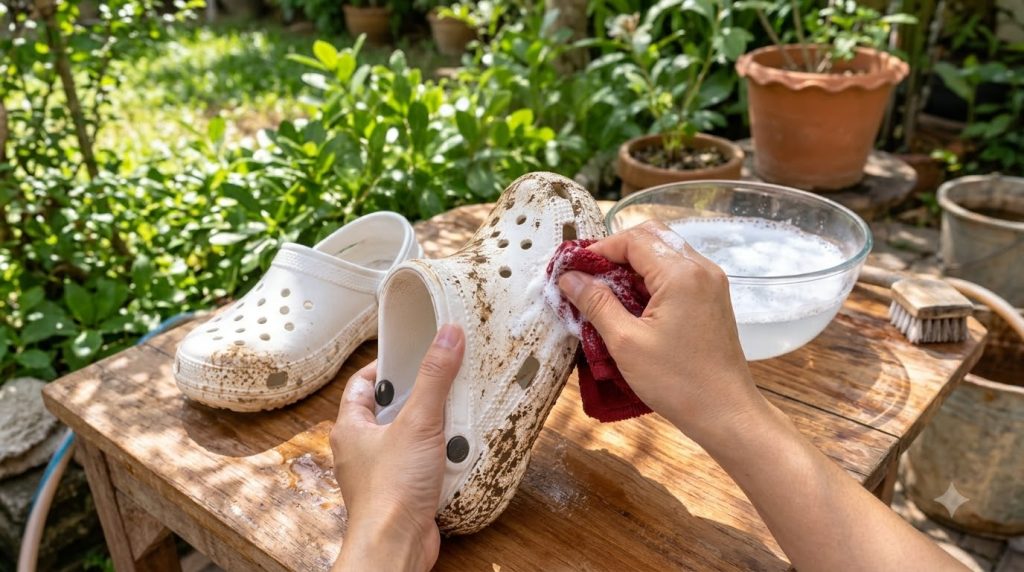 A pair of hands is actively scrubbing a dirty white rubber shoe a Croc with a dark red cloth showing foam from a cleanin