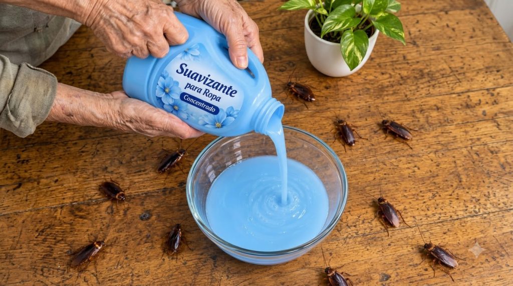 Hands pouring blue fabric softener from a bottle into a clear glass bowl on a kitchen counter next to a spray bottle and