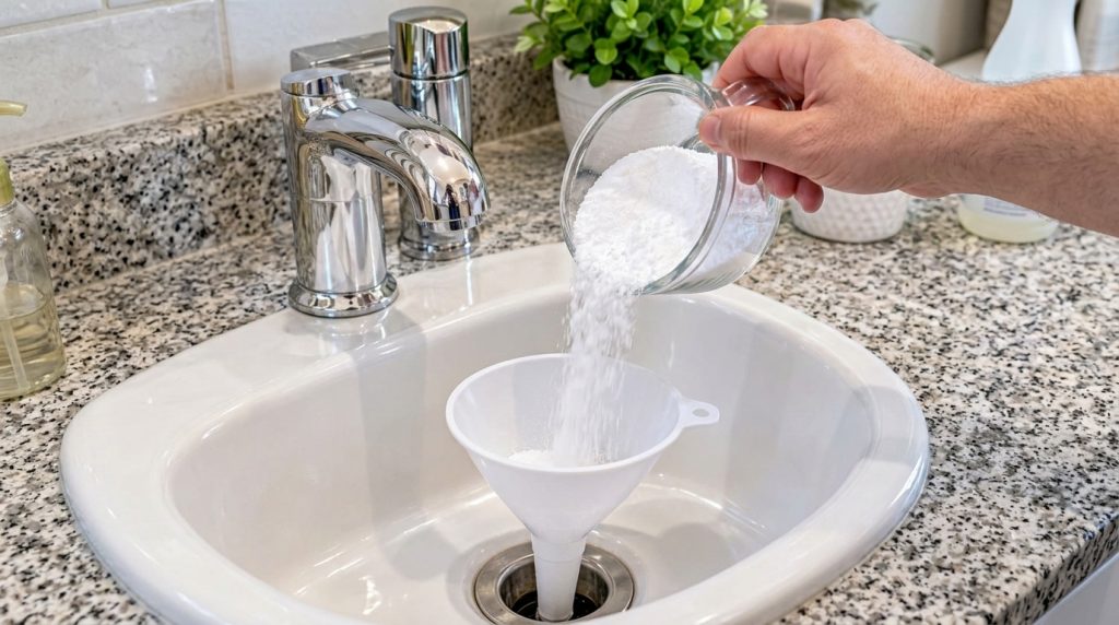 A close-up of a hand pouring baking soda from a measuring cup through a white funnel into a bathroom sink drain A modern