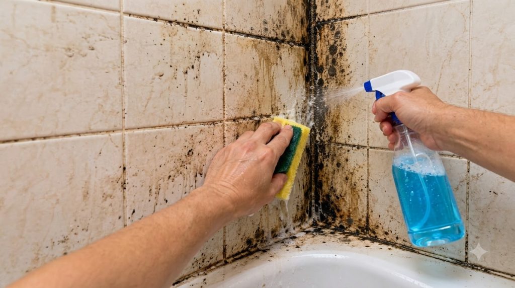 Person s hands cleaning a severely grimy corner of a tiled bathroom with a yellow and green sponge and a blue cleaning l