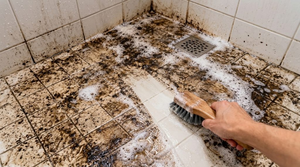 A high-angle close-up shot of a hand using a wooden scrub brush to clean a heavily soiled tiled shower floor The floor i