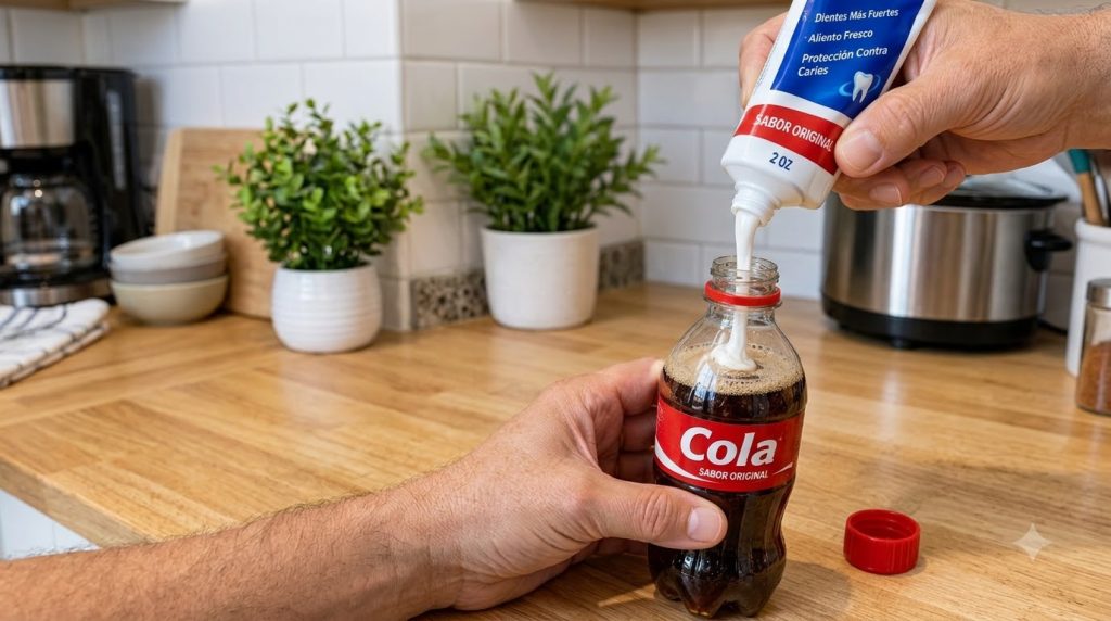 Hands squeezing white toothpaste into a clear Coca-Cola bottle on a light wooden counter