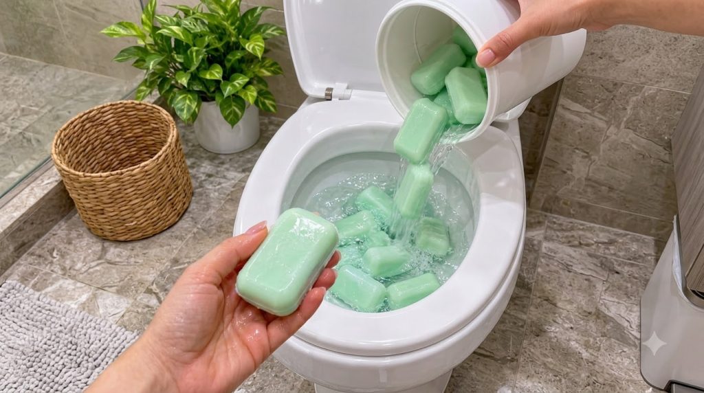 A person s hands placing green soap bars into a toilet bowl with some already floating and causing ripples