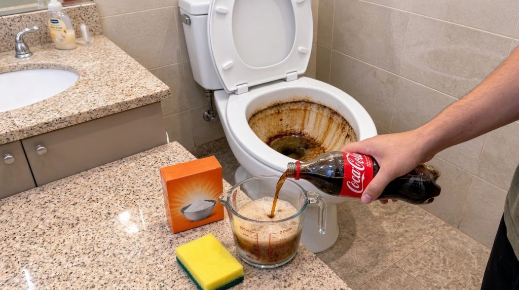 A hand pouring Coca-Cola from a bottle into a measuring cup filled with white baking soda powder next to a severely stai