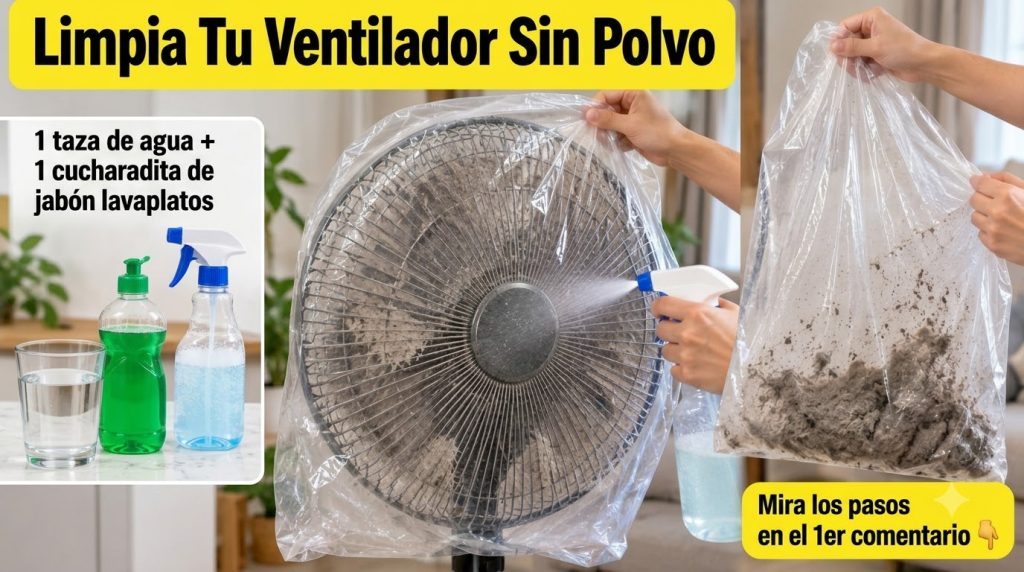 Person covering a stand fan with a clear plastic bag