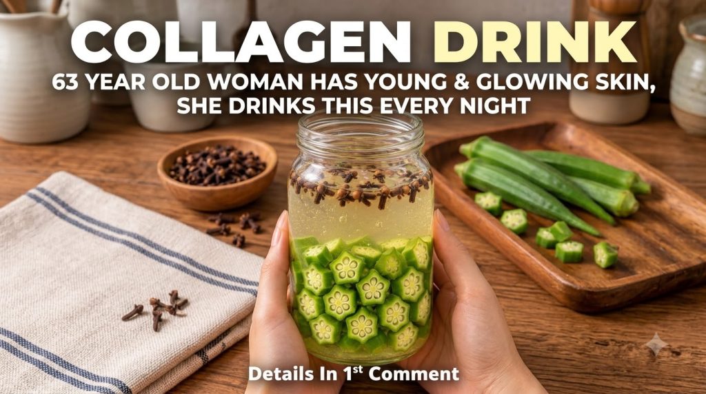Two hands holding a glass jar containing horizontally sliced green okra at the bottom and a light yellow liquid on top w