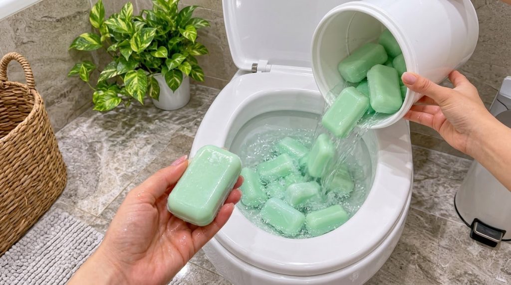 Top-down view of several light green soap bars being poured from a white container into a toilet bowl with one matching
