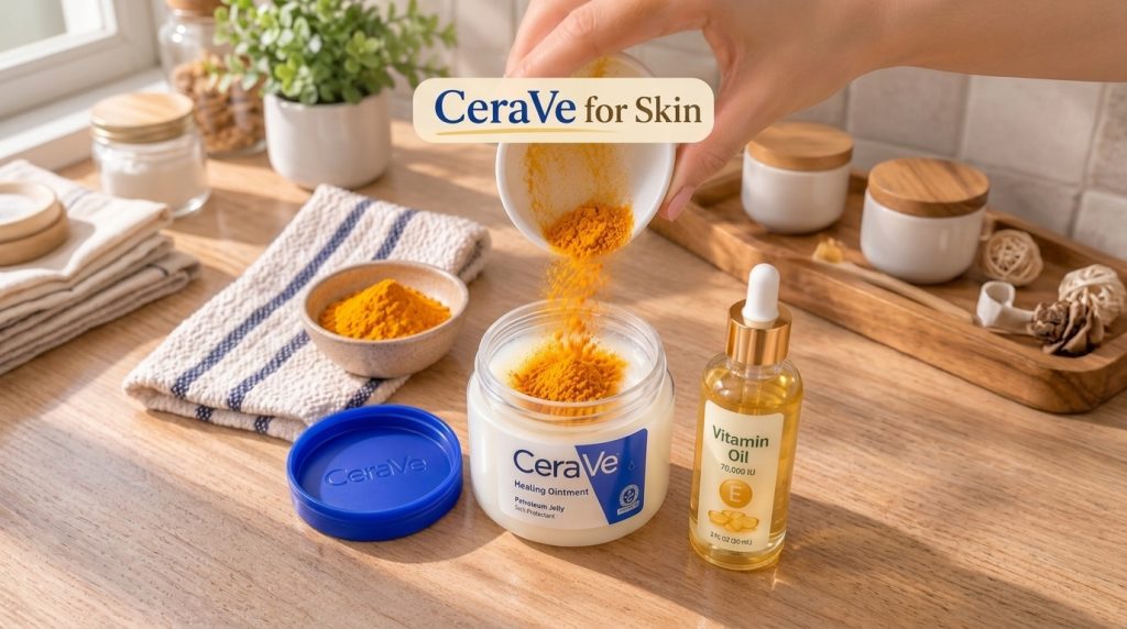 A CeraVe Healing Ointment jar on a wooden surface with a hand pouring vibrant turmeric powder into the ointment from a s