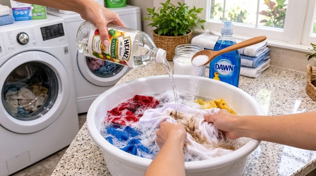 Hands cleaning a heavily stained white garment in a white basin with bubbly water while vinegar is poured from a bottle 