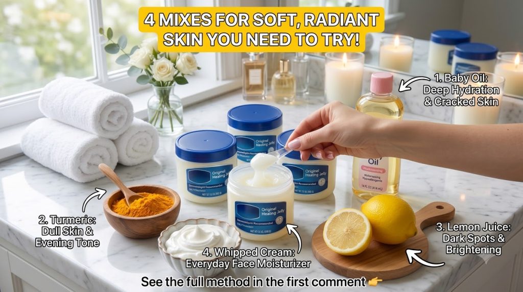 A flat lay composition showing four DIY skincare mixes Ingredients include petroleum jelly in tubs baby oil turmeric pow