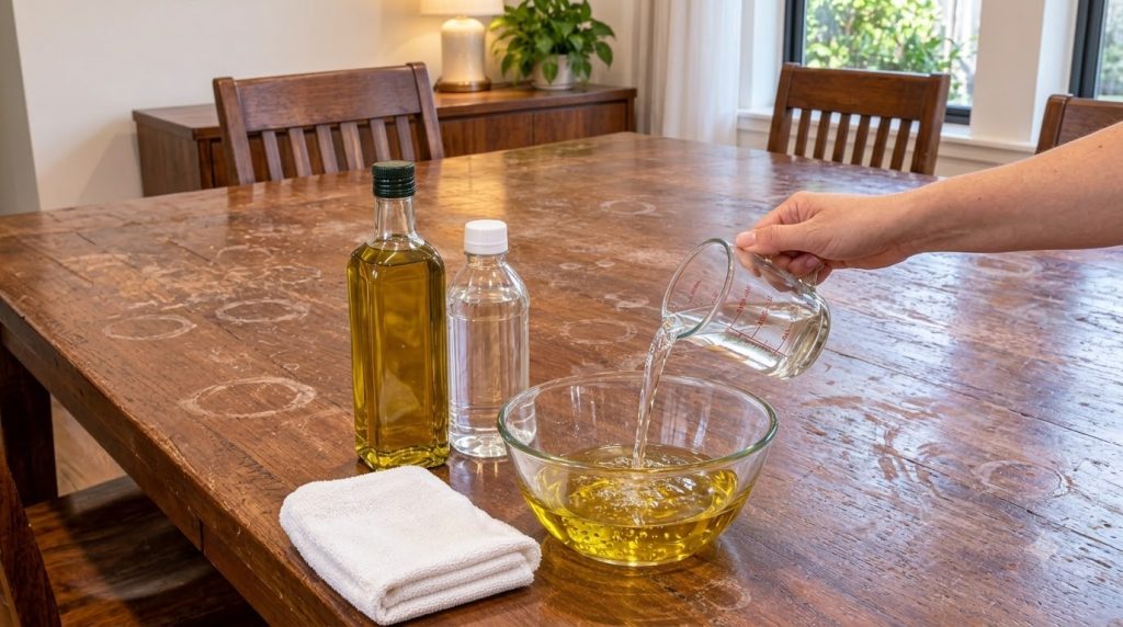 Una mesa de madera rústica con manchas de agua y anillos mostrando ingredientes para una solución de limpieza casera ace