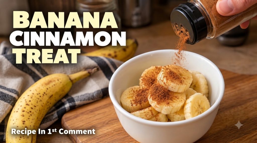A hand sprinkling ground cinnamon over sliced bananas in a white bowl set on a rustic wooden board