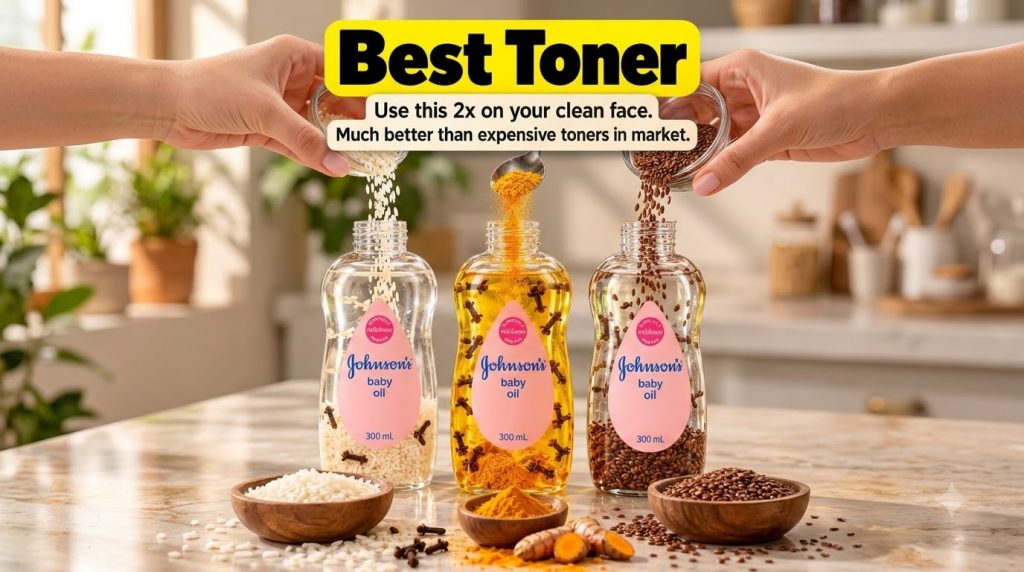 A top-down shot of a woman s hands filling clear glass bottles of baby oil with rice turmeric and flax seeds with bowls