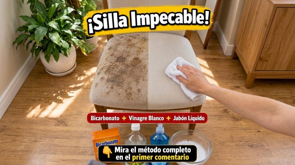Persona limpiando una silla tapizada con una solución casera mostrando la mitad limpia y la mitad sucia con los ingredie