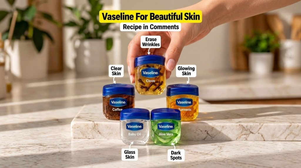 Five small jars of Vaseline each mixed with a different natural ingredient cloves coffee grounds turmeric powder baby oi
