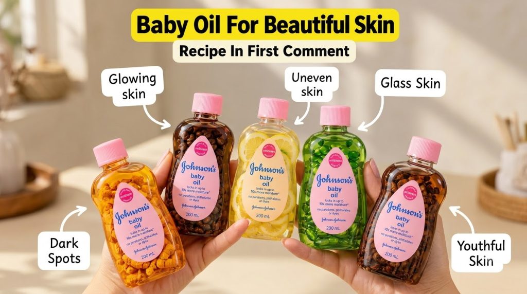 Five bottles of infused baby oil each with different ingredients like coffee beans and lemon slices held by two hands Th