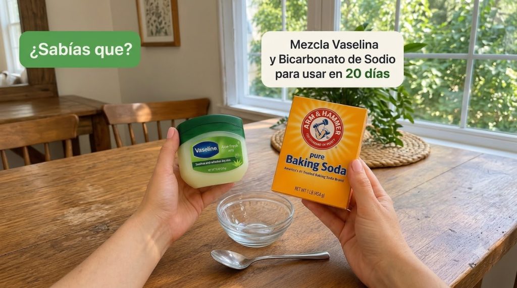 Hands holding a jar of Vaseline Aloe Fresh Jelly and a box of Arm Hammer Baking Soda with a small empty glass bowl and s