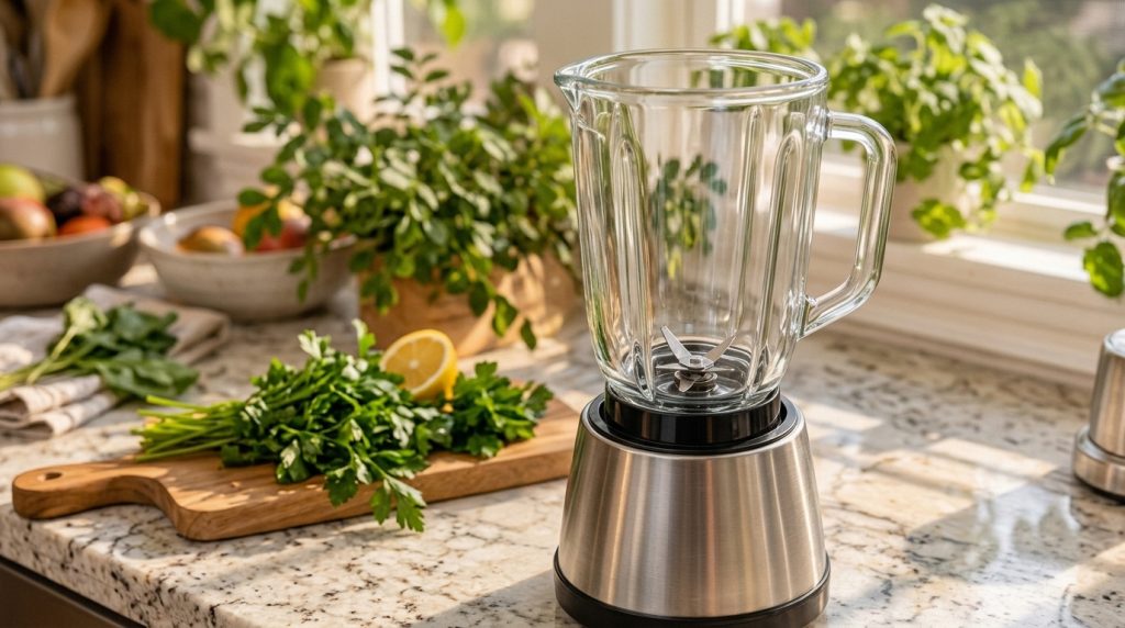 A clean empty glass blender pitcher with blades on a stainless steel base on a granite countertop In the soft-focus back