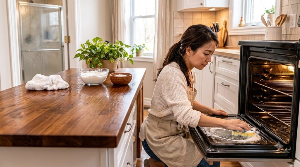 Hands wiping various surfaces wooden table bathroom mirror oven tray with a natural cleaning solution showing suds and s