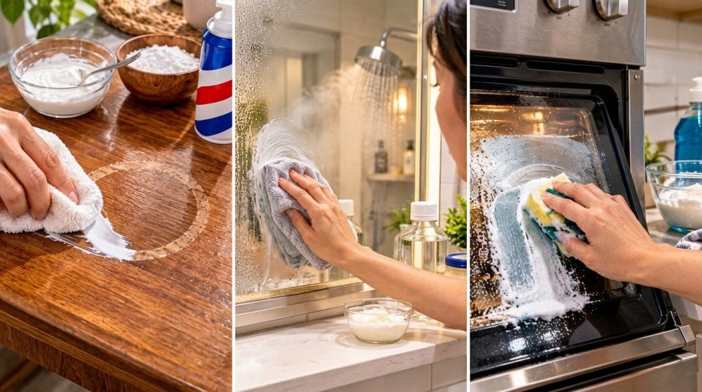 A vertical triptych showing three cleaning scenarios a hand wiping a water stain from a wooden table with cream a hand c