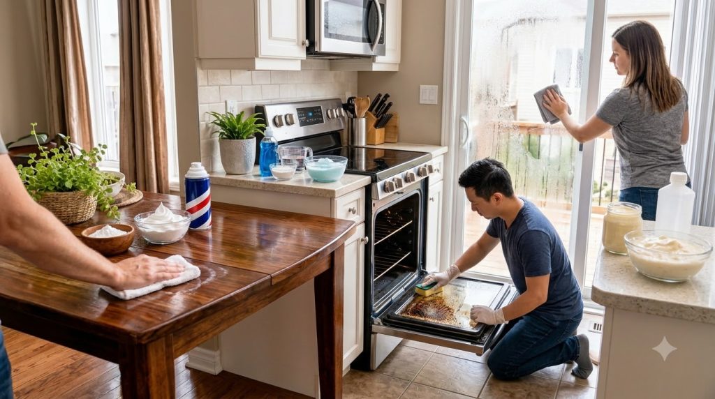 A hand scrubbing a heavily soiled oven door with a blue cleaning mixture made from dish soap water and baking soda empha