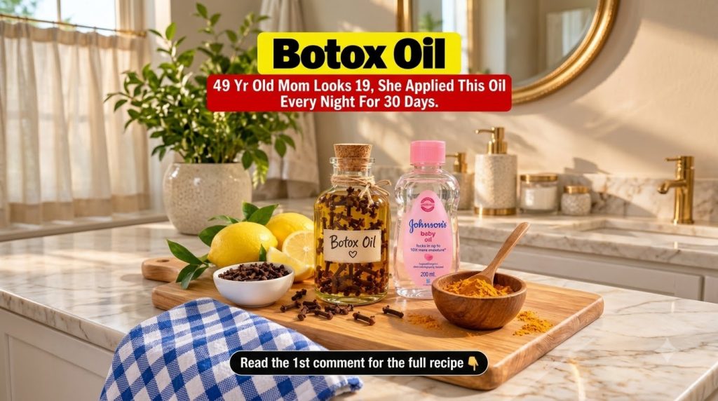 Ingredients for a homemade beauty treatment laid out on a wooden board on a marble countertop including cloves in a bott