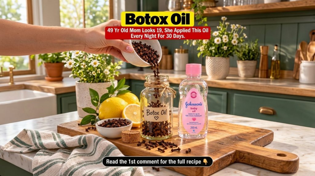 A hand pouring dried cloves from a white bowl into a glass jar labeled Botox Oil containing baby oil with a bottle of Jo