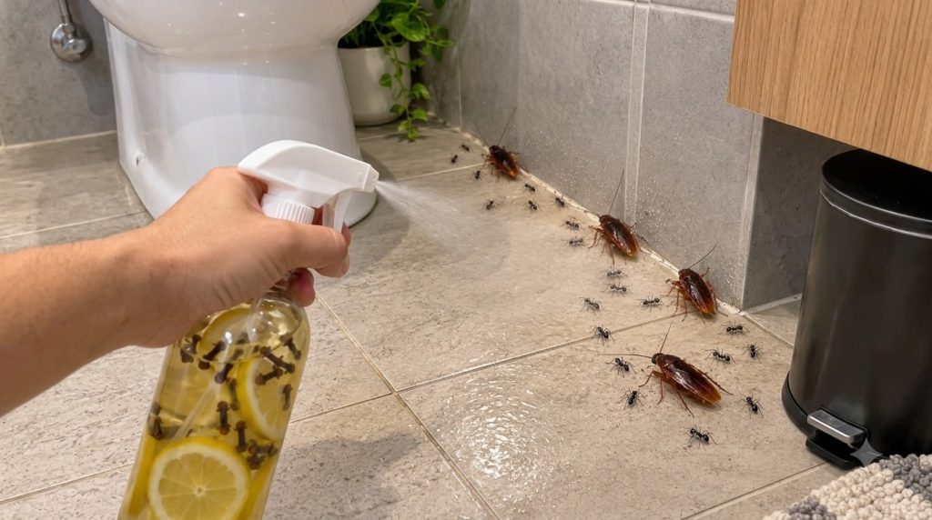 A hand holding a spray bottle dispensing a fine mist towards several cockroaches and ants on a light-tiled bathroom floo