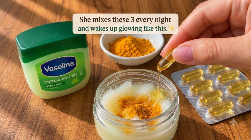 A hand squeezing a golden liquid from a capsule into a small jar containing petroleum jelly and turmeric powder on a woo