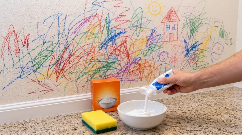 A textured wall covered in colorful crayon scribbles including a sun a house and a stick figure drawing In the foregroun