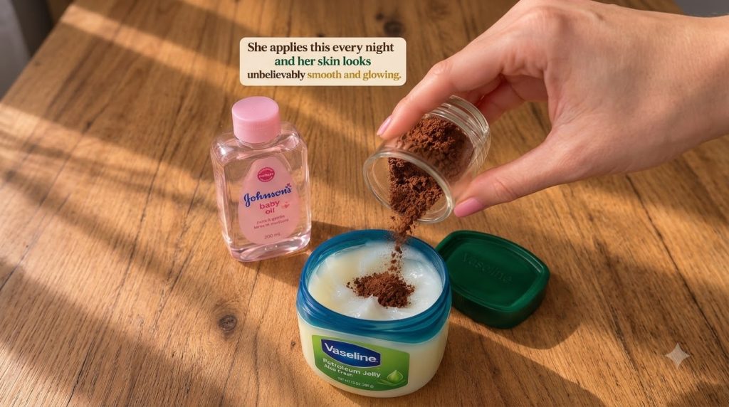 A hand pouring fine brown powder from a glass jar into Vaseline petroleum jelly with baby oil nearby on a wooden surface