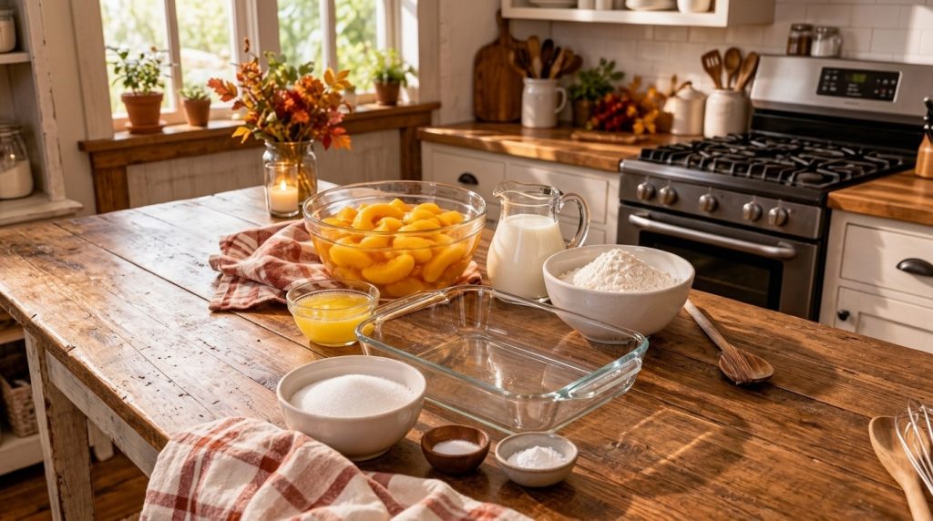 Warm easy no-bowl peach cobbler with a golden-brown bubbly topping and juicy peaches served with a scoop of melting vani