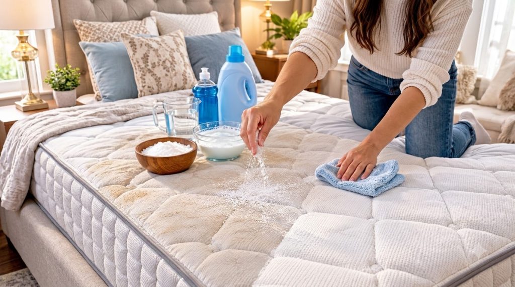 A person s hands sprinkling baking soda over a mattress