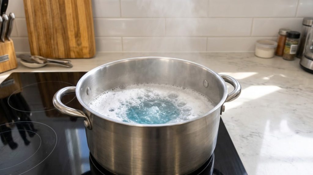 Una olla de acero inoxidable llena de agua hirviendo activamente con espuma y burbujas sobre una estufa de inducción neg