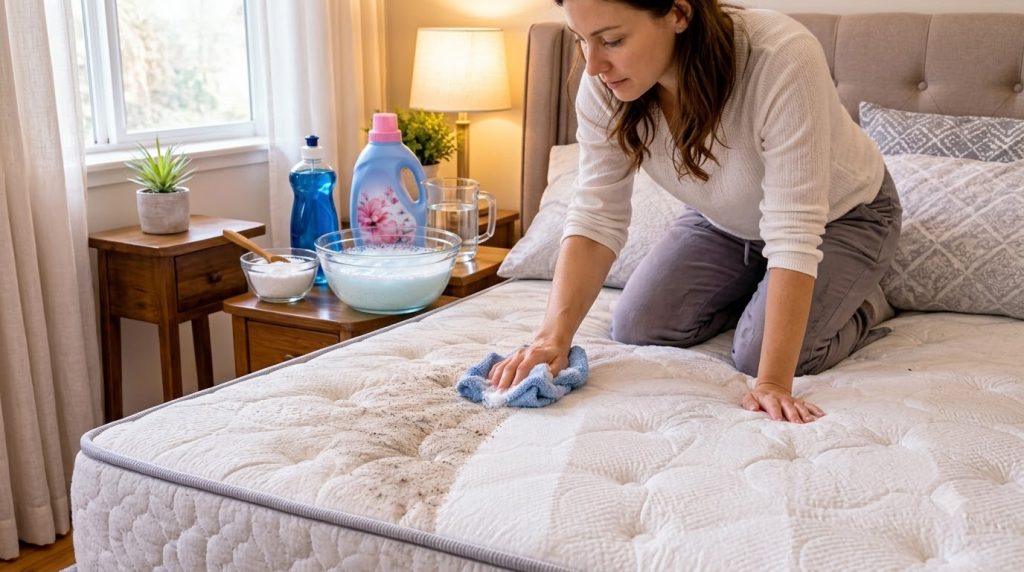 A hand cleaning a dirty mattress with a blue microfiber cloth showing a clean strip On the adjacent bedside table cleani
