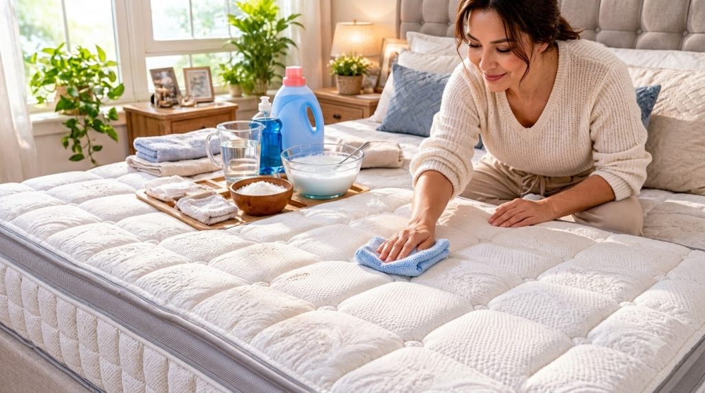Woman cleaning a quilted mattress with a blue cloth and cleaning supplies nearby