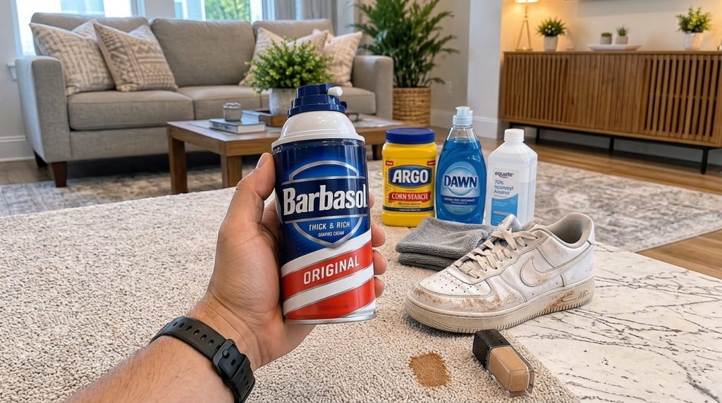 A hand holding a red and white shaving cream can over a light beige carpet with a brown foundation stain In the blurred