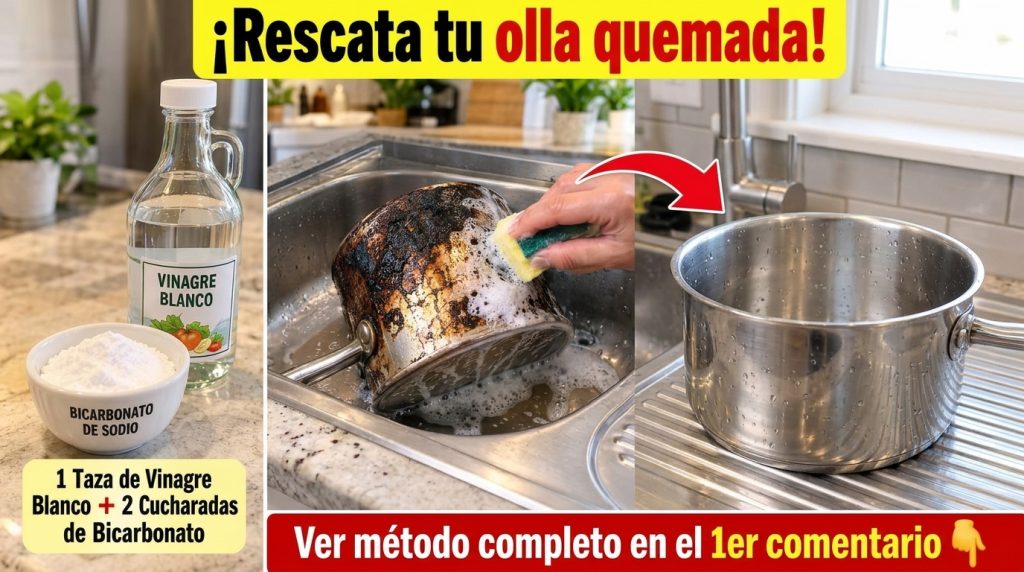 A burnt metal pot in a sink with water being poured into it from a glass measuring cup