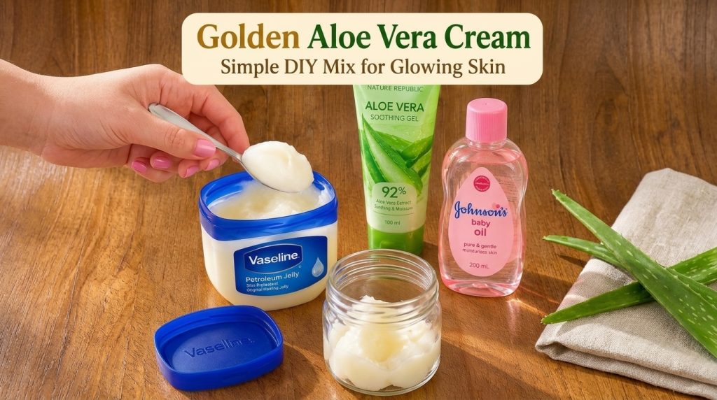 A flat lay composition of ingredients for a DIY skincare cream on a wooden background A hand is scooping petroleum jelly
