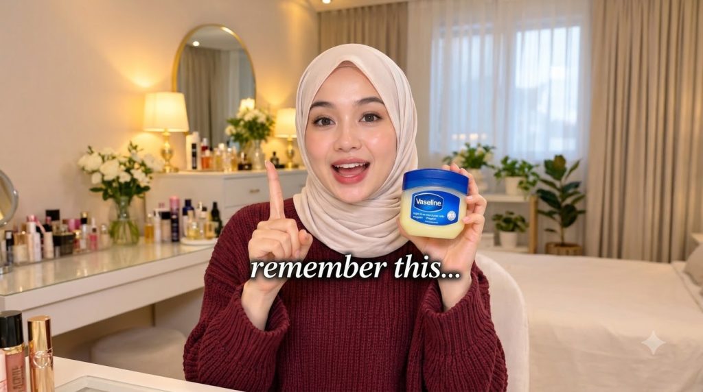 A smiling young woman wearing a light beige hijab and a maroon ribbed sweater holding a classic jar of Vaseline Petroleu