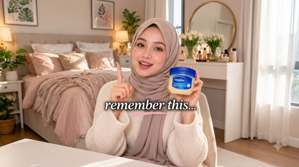 A smiling young woman in a beige hijab and off-white sweater holds a jar of Vaseline Petroleum Jelly and points upwards