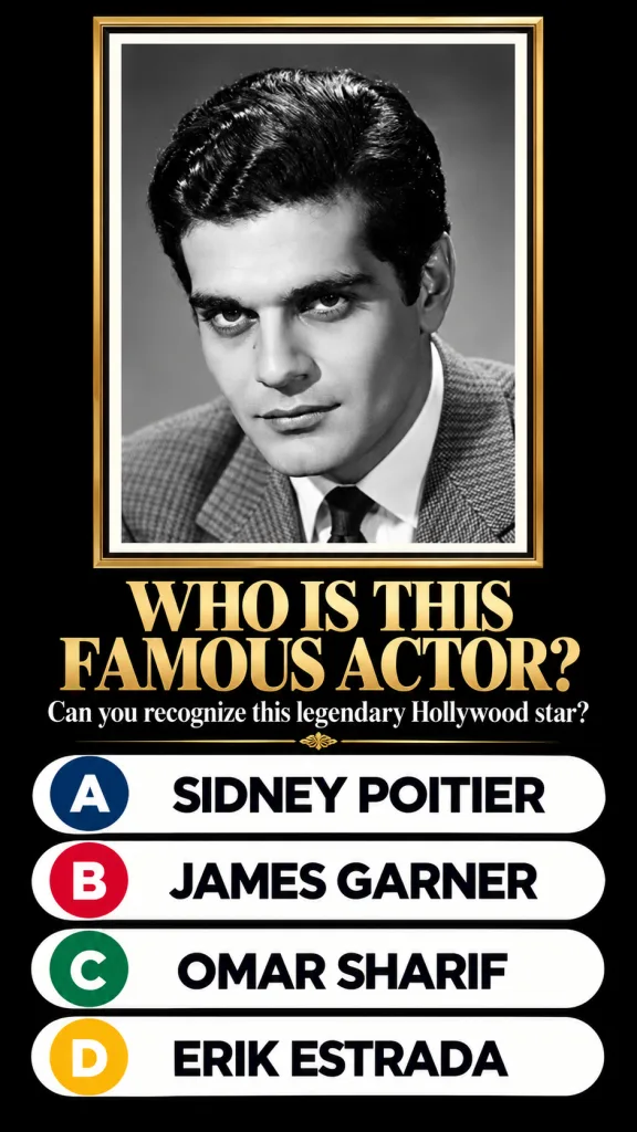 A black and white portrait of a young Omar Sharif featuring his soulful eyes and charismatic gaze framed in gold against