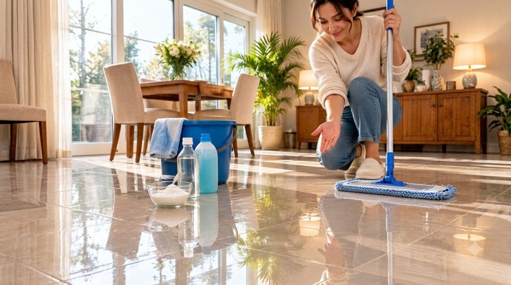A woman mopping a highly reflective shiny tiled floor that mirrors natural light and interior elements